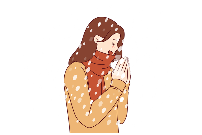Mulher aproveita o clima de inverno sob flocos de neve caindo com suéter e cachecol  Ilustração