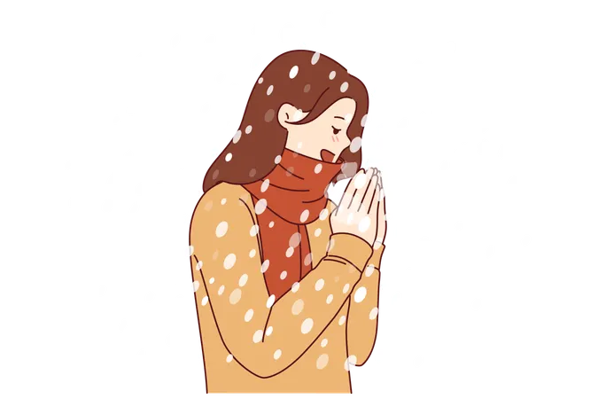 Mulher aproveita o clima de inverno sob flocos de neve caindo com suéter e cachecol  Ilustração