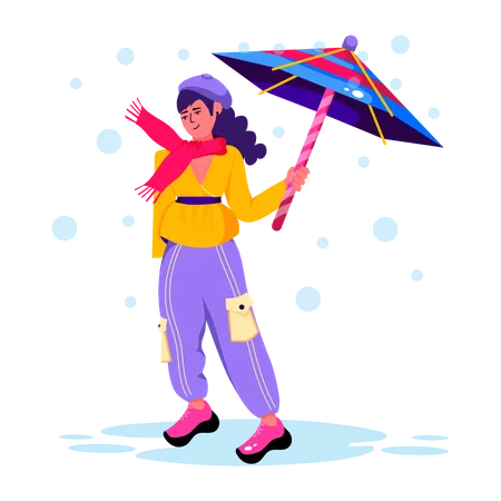 Mulher aproveitando a queda de neve com guarda-chuva  Ilustração