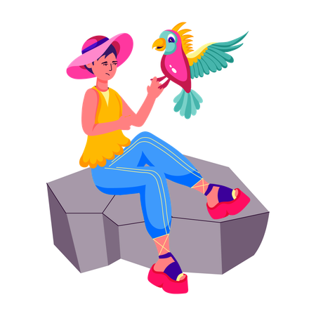 Mulher aproveitando férias com pássaro de estimação  Ilustração