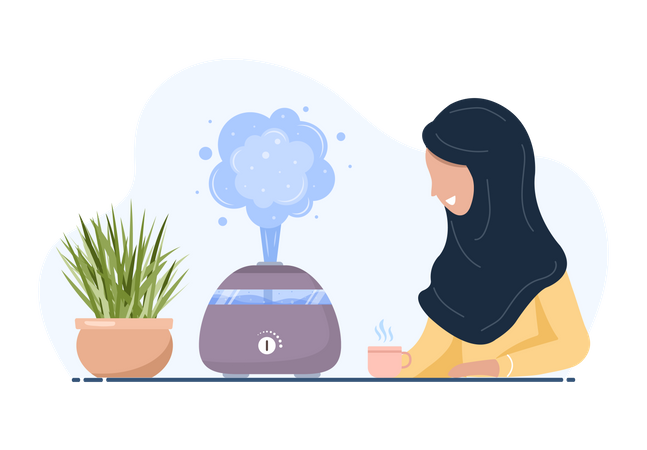 Mulher árabe aproveita o ar fresco e úmido em casa  Ilustração