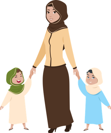 Mulher árabe andando com crianças  Ilustração