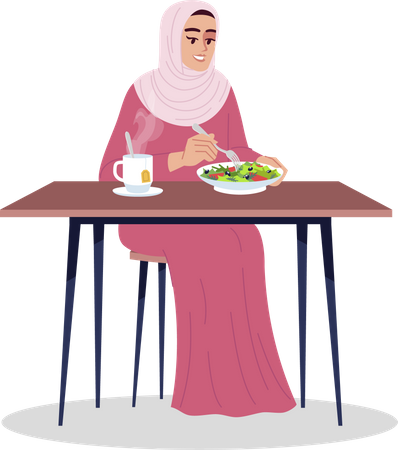 Mulher árabe comendo salada com chá quente  Ilustração