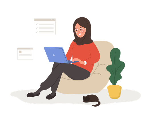 Mulher árabe bem sucedida senta-se com laptop e resolve problemas de trabalho  Ilustração