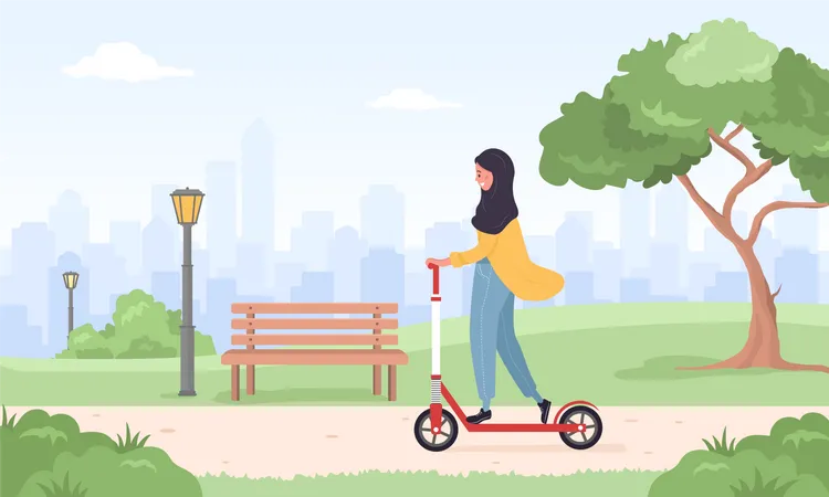 Mulher árabe em hijab andando de scooter  Ilustração