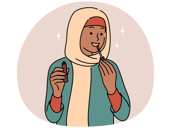 Jovem mulher árabe sorridente usando hijab aplicando brilho labial nos lábios  Ilustração
