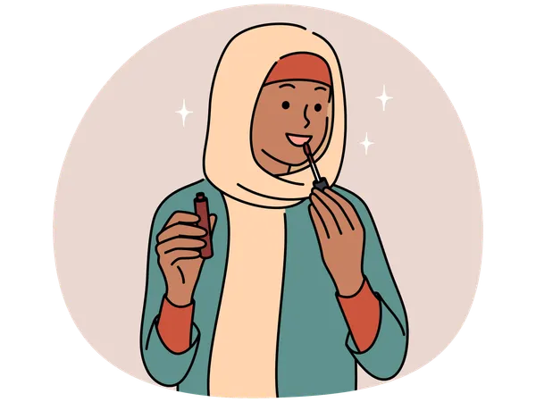 Jovem mulher árabe sorridente usando hijab aplicando brilho labial nos lábios  Ilustração