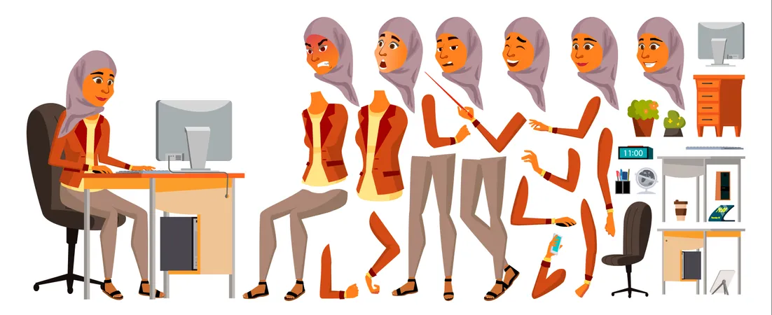 Diferentes partes do corpo de mulher árabe usadas em animação  Ilustração