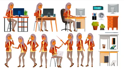 Mulher árabe trabalhadora de escritório Pacote de Ilustrações