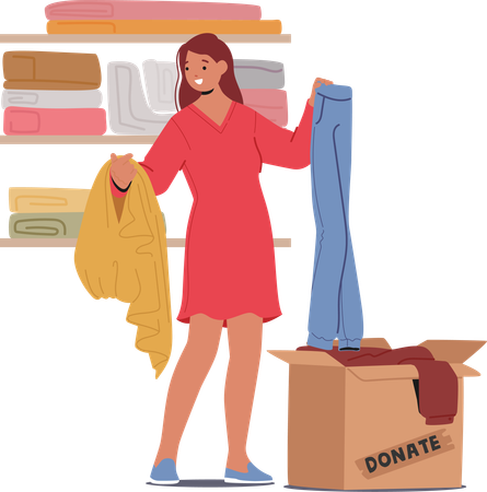 Mulher arruma suas roupas na caixa de doações  Ilustração