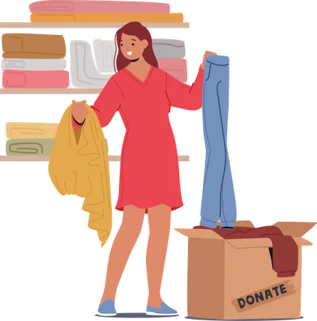 Mulher arruma suas roupas na caixa de doações  Ilustração