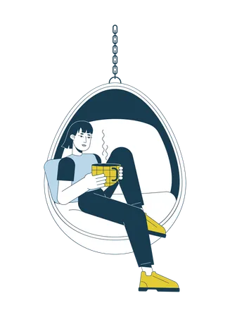 Mulher asiática com caneca de café na cadeira suspensa  Ilustração