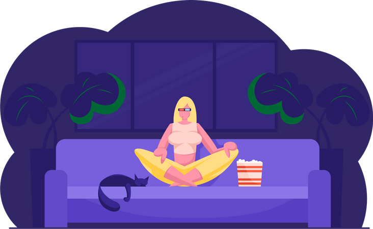 Mulher assistindo filme e relaxando em casa  Ilustração