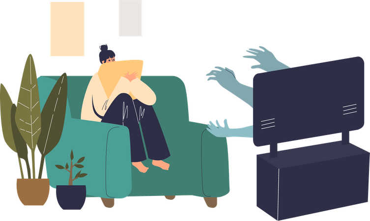 Mulher assustada assistindo filme de terror em casa  Ilustração