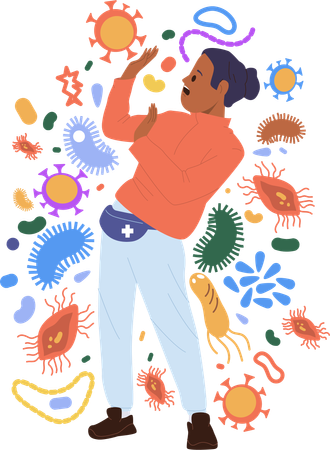 Mulher assustada com imunidade fraca lutando contra microorganismos infecciosos  Ilustração