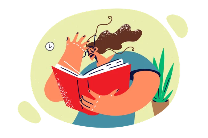 Mulher assustada com livro se prepara para exame  Ilustração