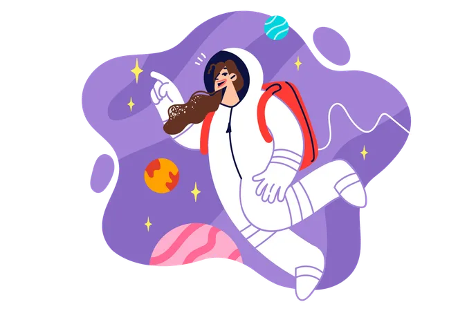 Mulher astronauta em traje espacial voa em gravidade zero  Ilustração