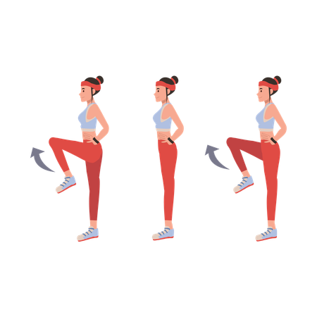 Mulher ativa fazendo exercícios de step para condicionamento físico, cardio e treinamento de força em ambientes fechados  일러스트레이션
