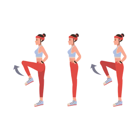 Mulher ativa fazendo exercícios de step para condicionamento físico, cardio e treinamento de força em ambientes fechados  일러스트레이션