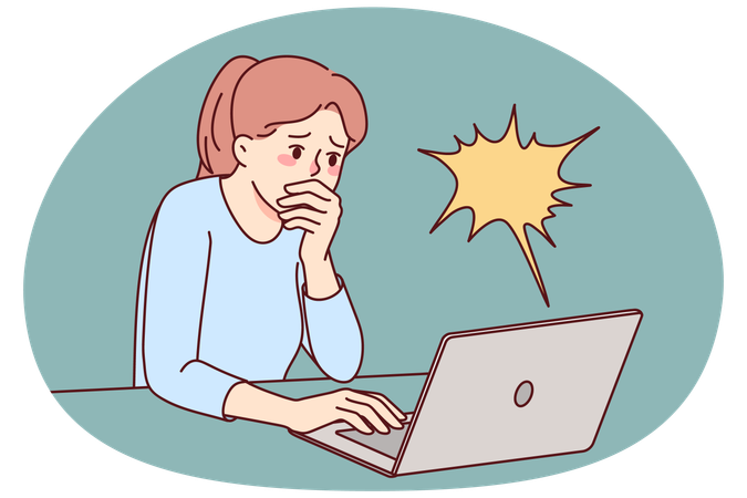 Mulher chocada com notícia no laptop  Ilustração