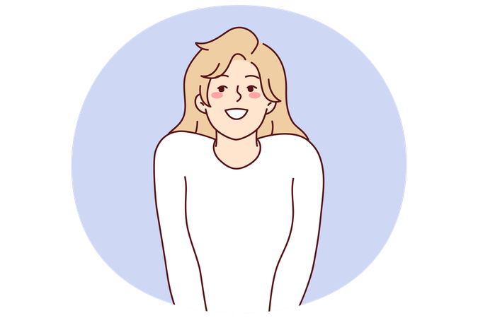 Mulher atraente modesta fica em pose tímida pressionando as mãos no corpo, sorrindo sinceramente  Ilustração