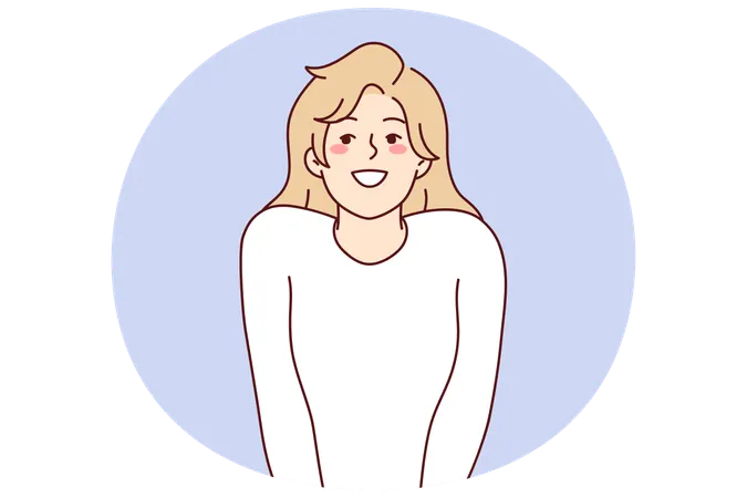 Mulher atraente modesta fica em pose tímida pressionando as mãos no corpo, sorrindo sinceramente  Ilustração