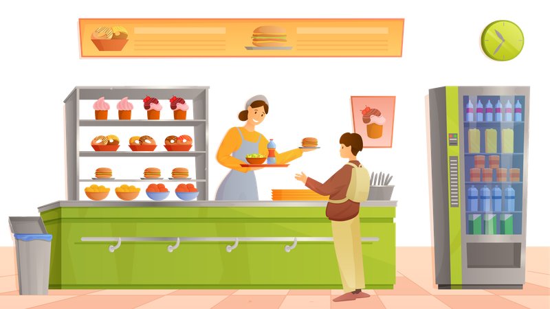 Mulher atrás do balcão segurando uma bandeja com comida para dar ao menino em pé  Ilustração