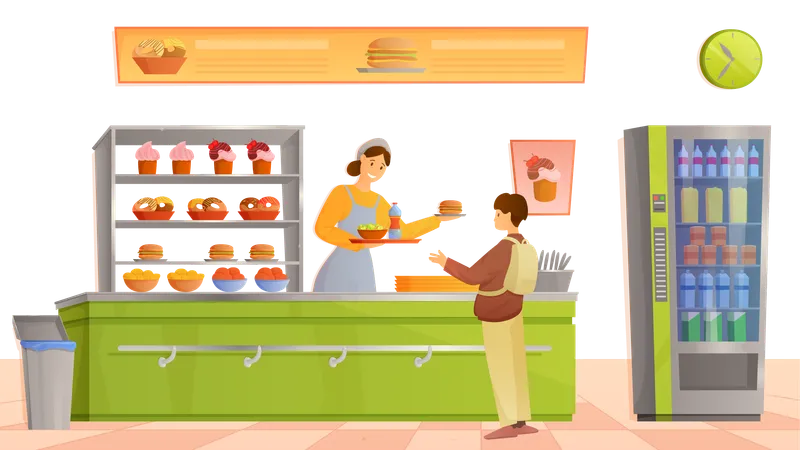 Mulher atrás do balcão segurando uma bandeja com comida para dar ao menino em pé  Ilustração