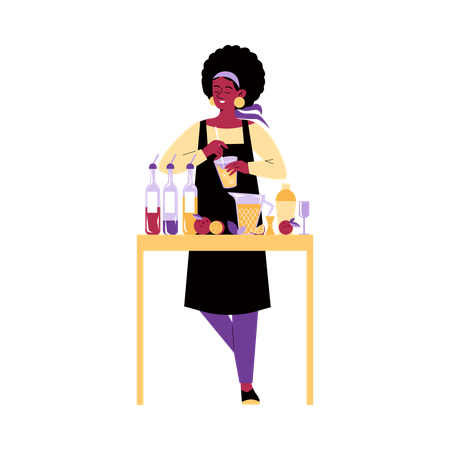 Barman mulher misturando bebidas alcoólicas e servindo coquetéis  Ilustração