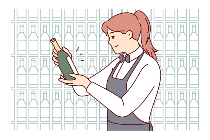 Barman feminino servindo garrafa de vinho  Ilustração