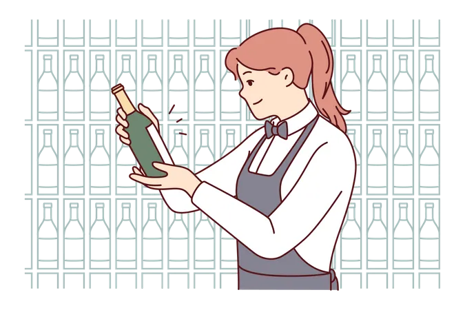 Barman feminino servindo garrafa de vinho  Ilustração