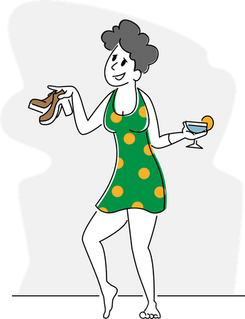 Mulher bêbada segurando copos e sapatos nas mãos  Ilustração