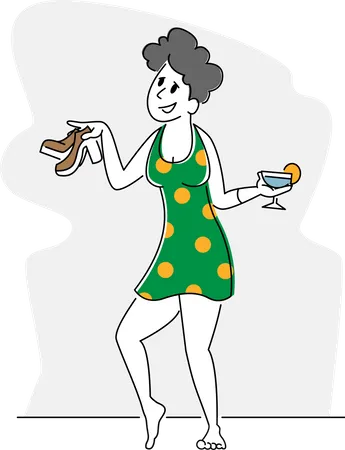 Mulher bêbada segurando copos e sapatos nas mãos  Ilustração