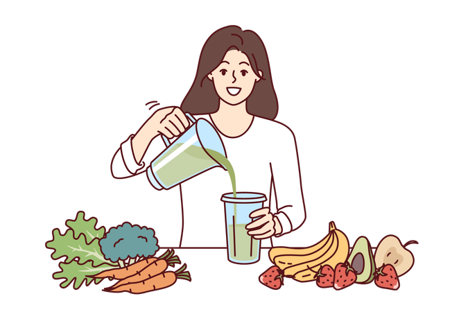 Mulher bebe smoothie diet feito no liquidificador com frutas e vegetais orgânicos com vitaminas saudáveis  Ilustração