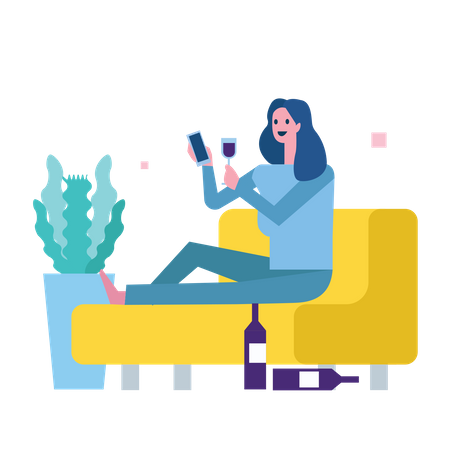 Mulher bebe vinho e usa telefone no sofá  Ilustração