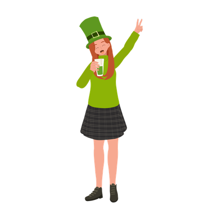 Mulher bebendo cerveja verde  Ilustração