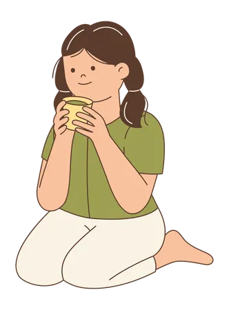 Mulher bebendo chá matcha em ambientes fechados  일러스트레이션