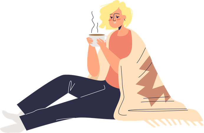 Mulher bebendo chá quente coberta com cobertor  Ilustração