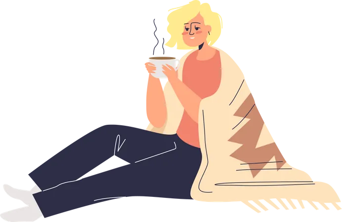 Mulher Bebendo Cha Quente Coberto Com Cobertor Personagem De Desenho Animado Feminino Jovem Segurando Uma Xicara De Bebida Quente Ilustracao Vetorial Plana Ilustração