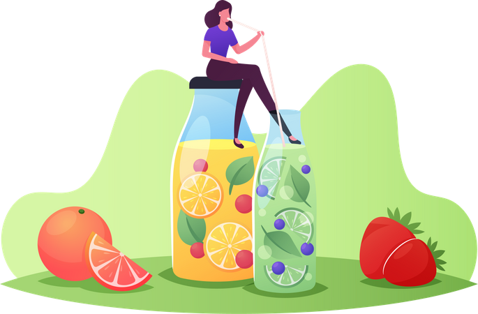 Mulher bebendo suco de frutas frescas  Ilustração
