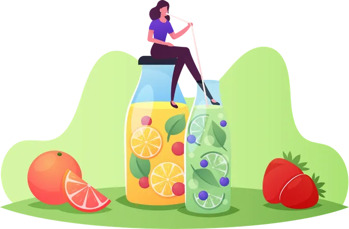 Mulher bebendo suco de frutas frescas  Ilustração