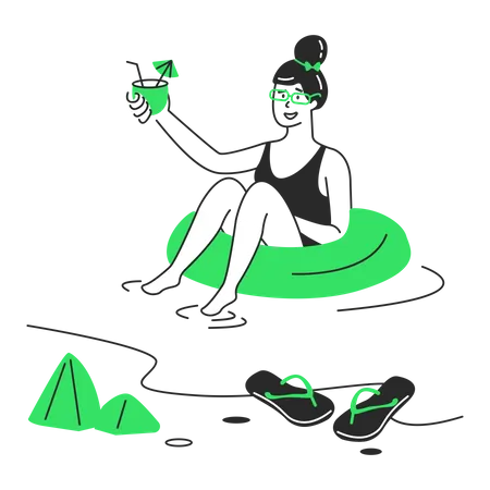Mulher bebendo um coquetel na piscina  Ilustração