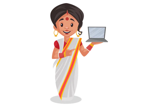 Mulher bengali segurando laptop na mão  Ilustração