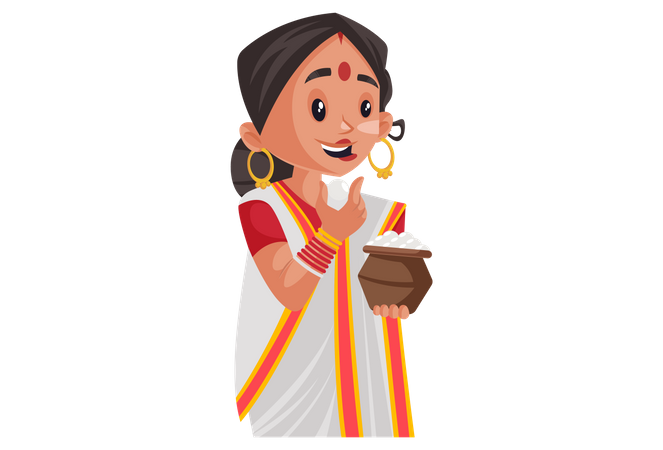 Mulher bengali segurando o pote de rasgulla na mão e comendo rasgulla  Ilustração