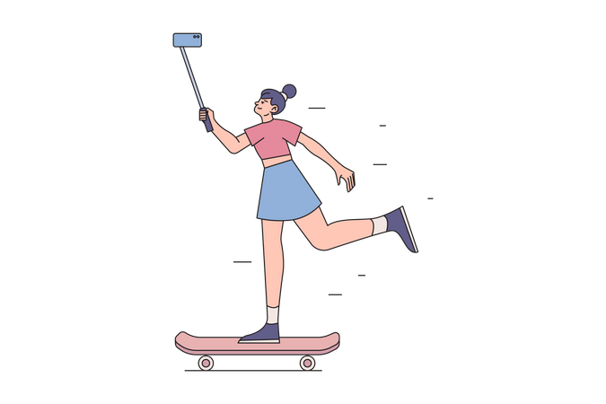 Mulher blogueira gravando vídeo com celular enquanto patina  Ilustração