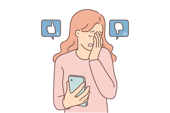 Mulher blogueira sofre ao ver desgostos em postagem própria em rede social e chora segurando telefone  Ilustração
