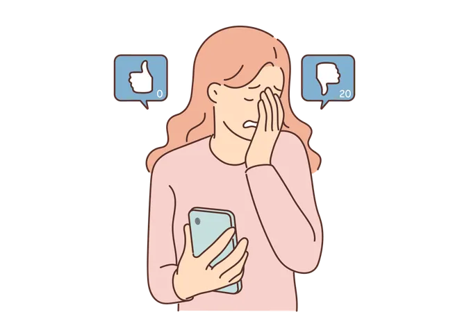 Mulher blogueira sofre ao ver desgostos em postagem própria em rede social e chora segurando telefone  Ilustração