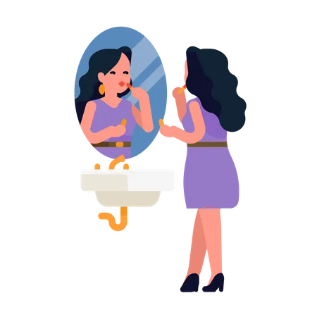 Mulher bonita aplicando batom na frente de um espelho do banheiro  Ilustração