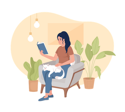 Mulher bonita lendo livro e tomando café sozinha  Ilustração