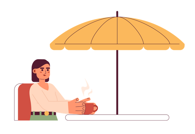 Linda mulher sentada do lado de fora com uma xícara de café  Ilustração